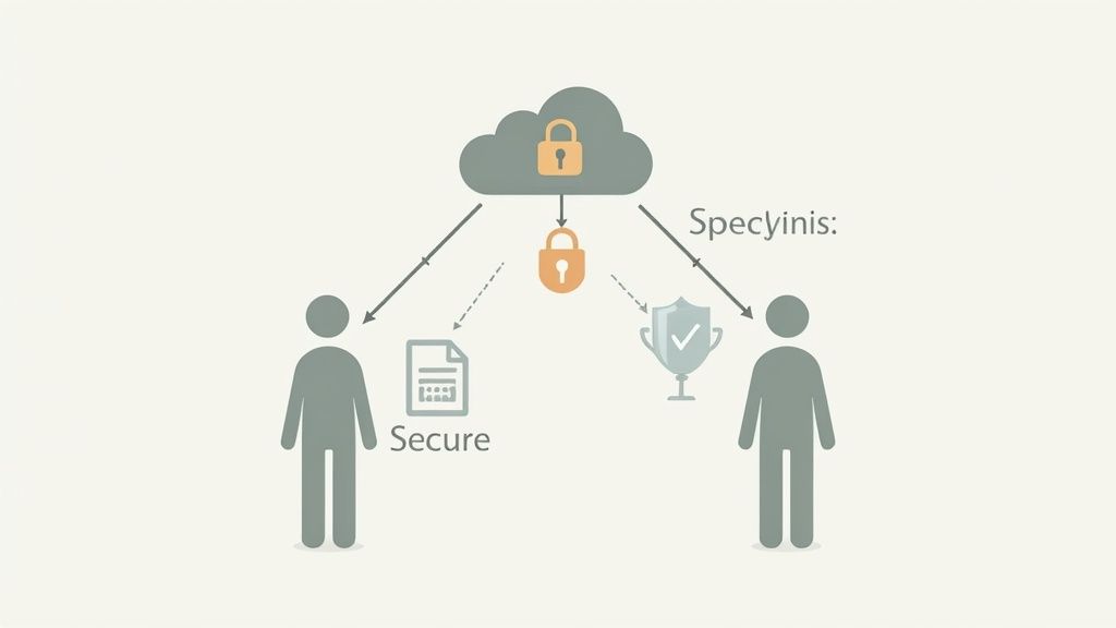 Secure cloud service diagram showing a user uploading encrypted documents and another receiving secu