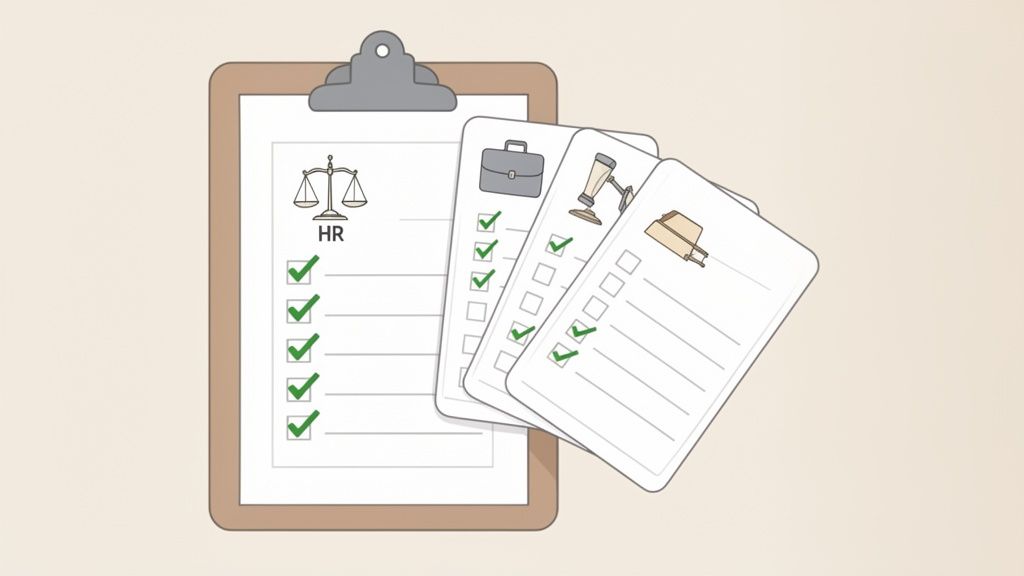 A clipboard with an HR checklist, a balance scale icon, and multiple legal/business checklists with 