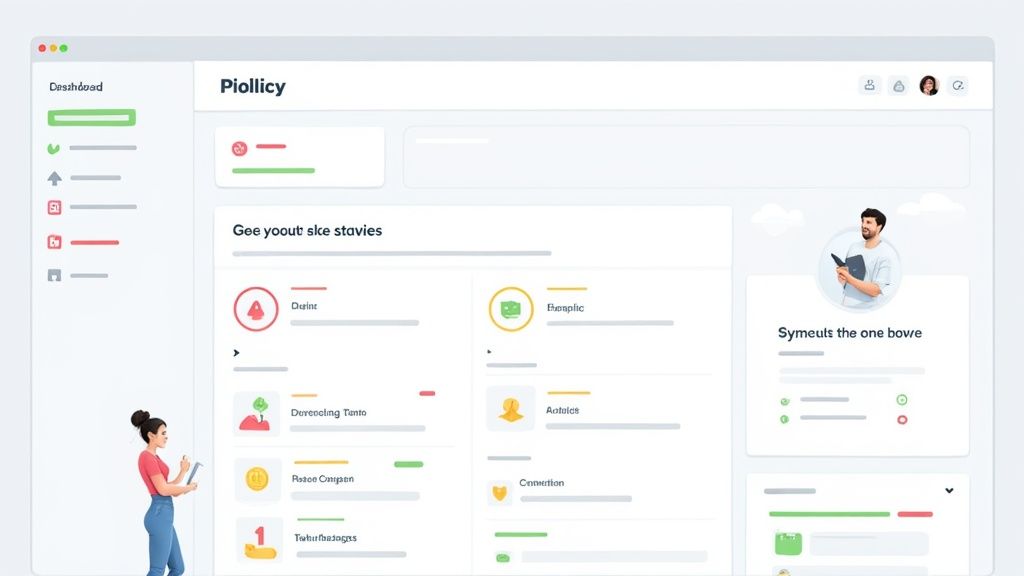 A clean, modern dashboard interface with various data widgets, icons, and illustrated users.