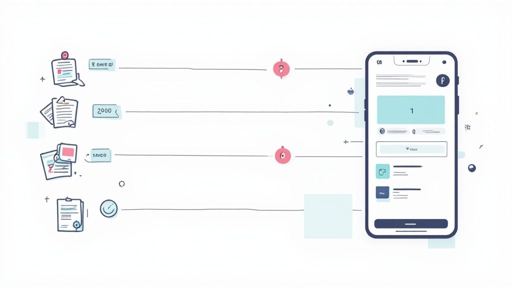 Hand-drawn illustration showing documents and data flow into a mobile application interface.
