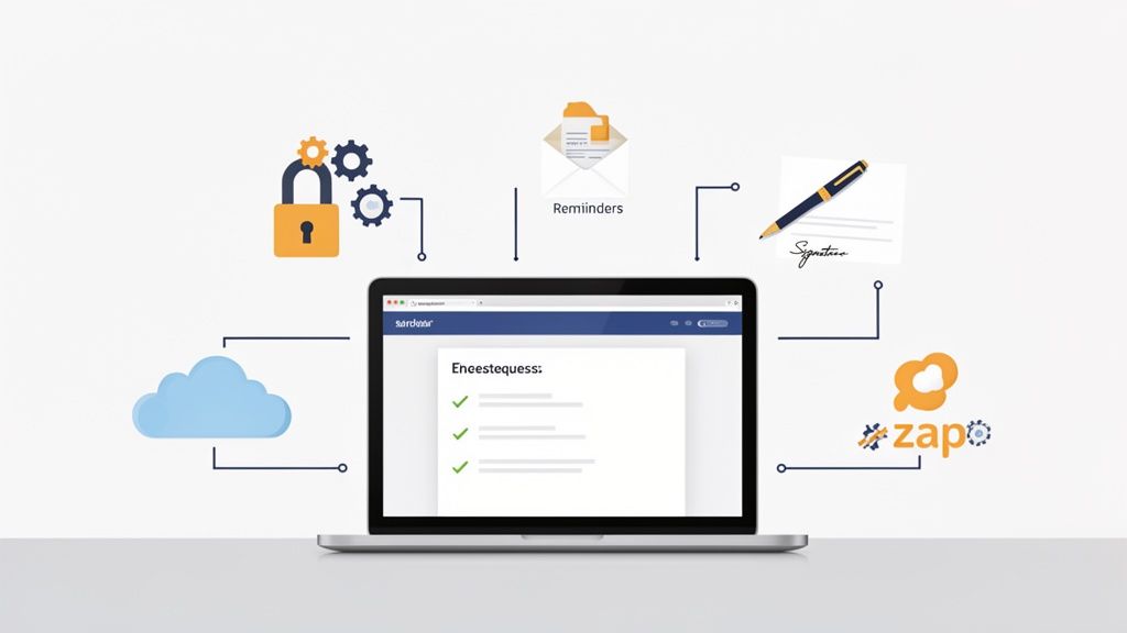 Illustration showing the process of requesting documents, moving from manual mail to digital forms.