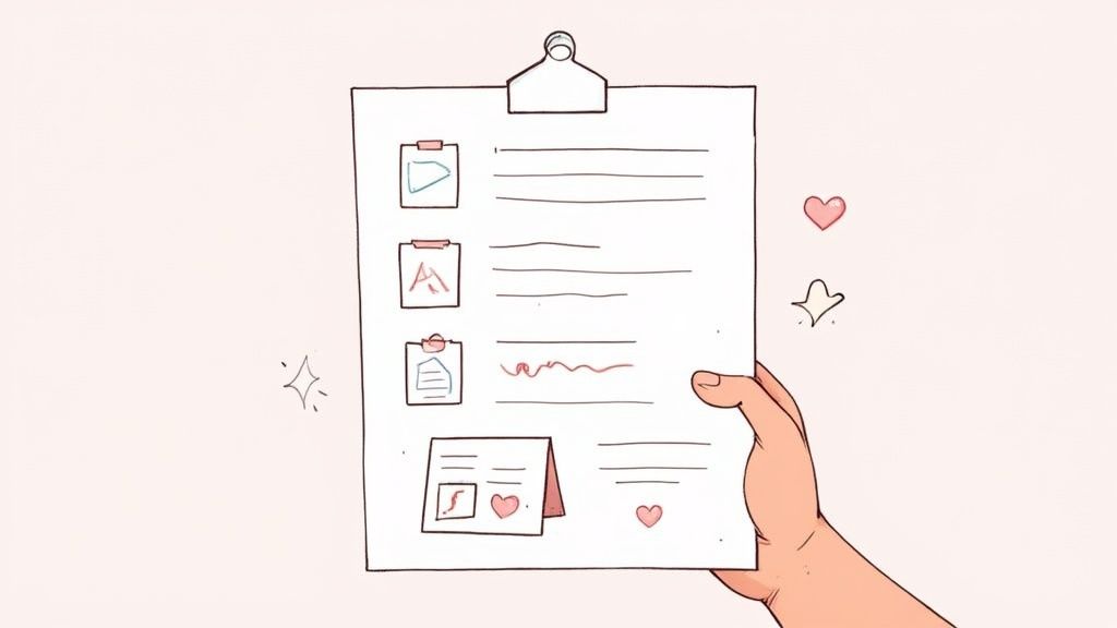 A cartoon hand presents a document on a clipboard with playful icons, text, and hearts.