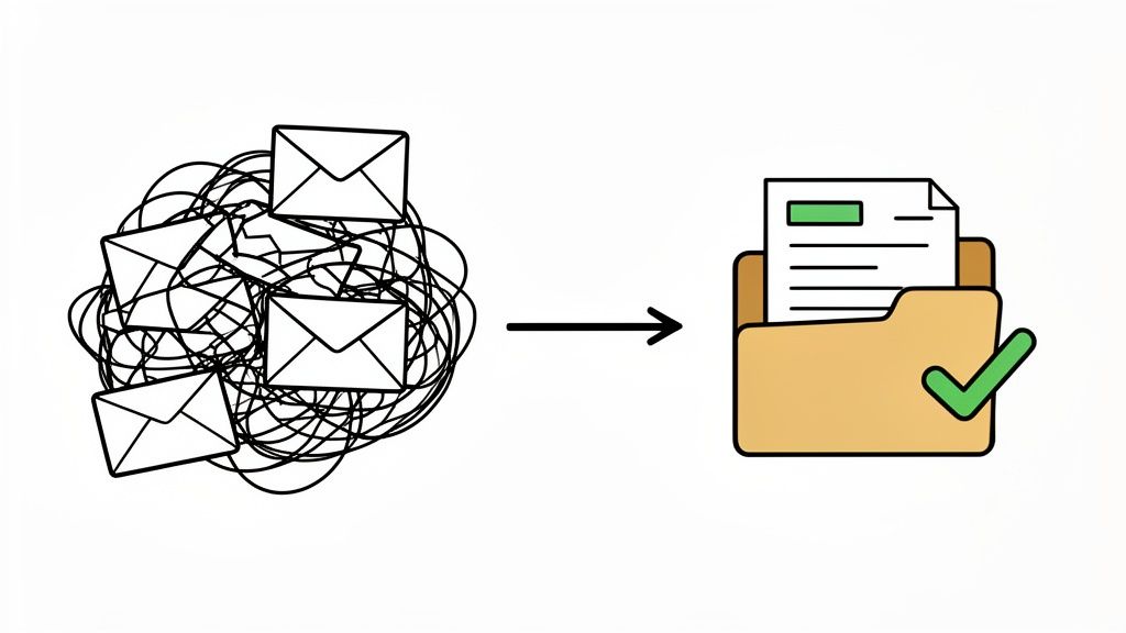An illustration shows messy emails turning into an organized document in a file folder with a checkm