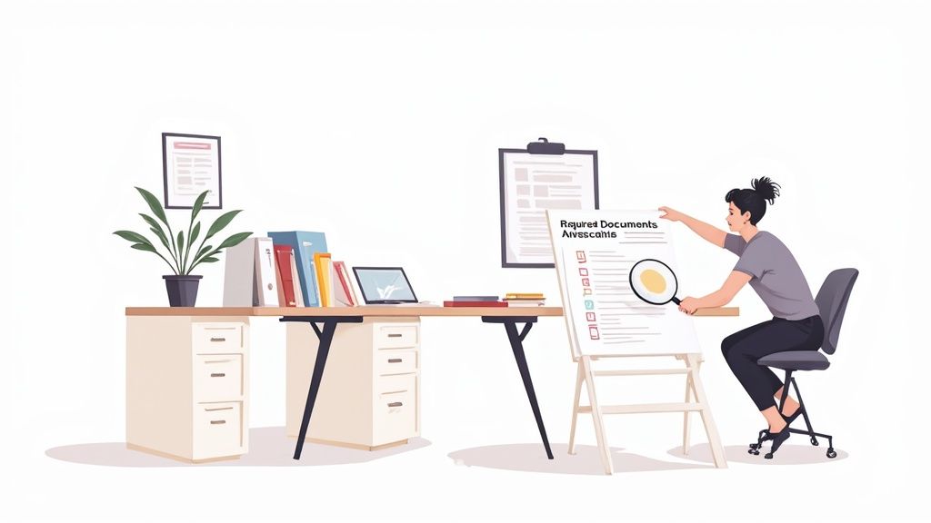 A woman reviews required documents on a checklist with a magnifying glass in an office setting.