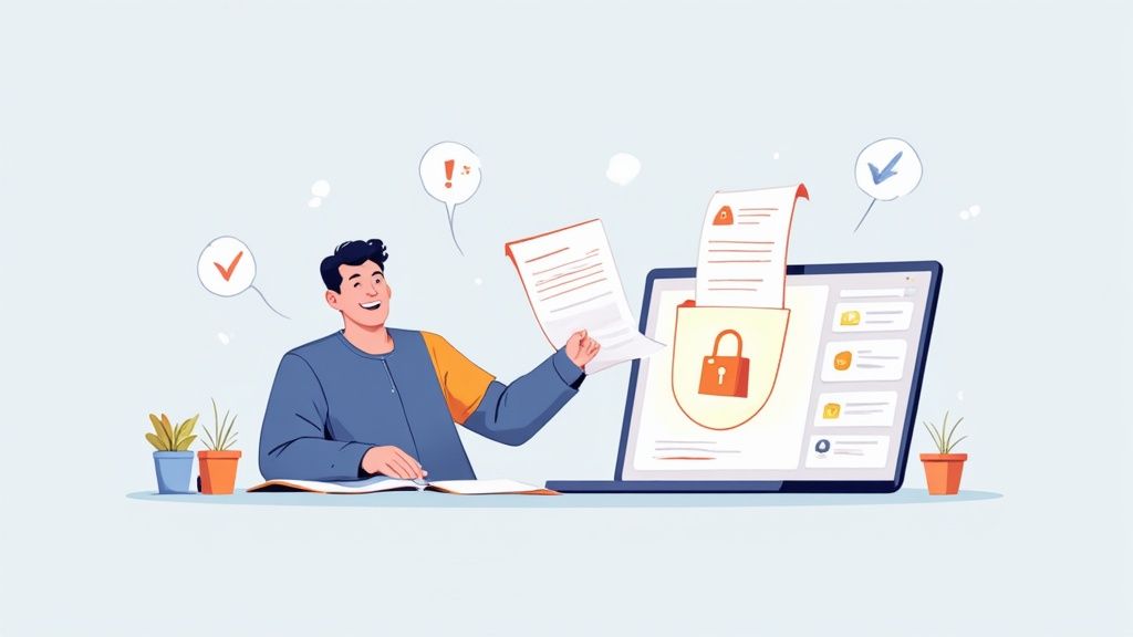 An illustration showing a messy stack of envelopes transforming into a secure digital inbox with a p