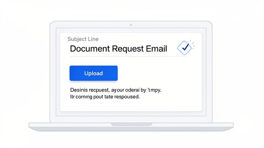 A laptop screen displaying a 'Document Request Email' with an 'Upload' button an