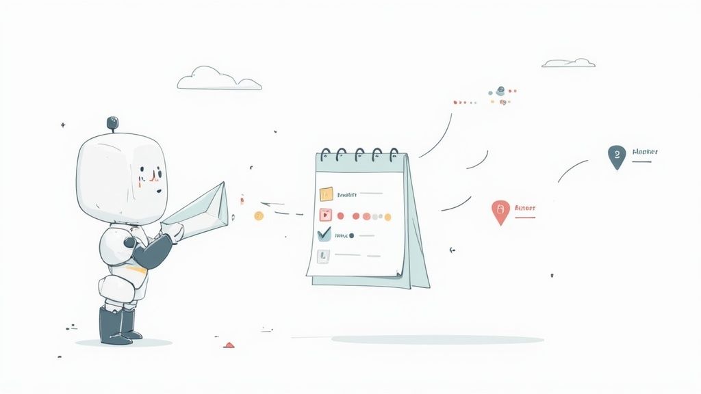 A friendly robot processes documents, managing tasks and locations on a digital calendar.