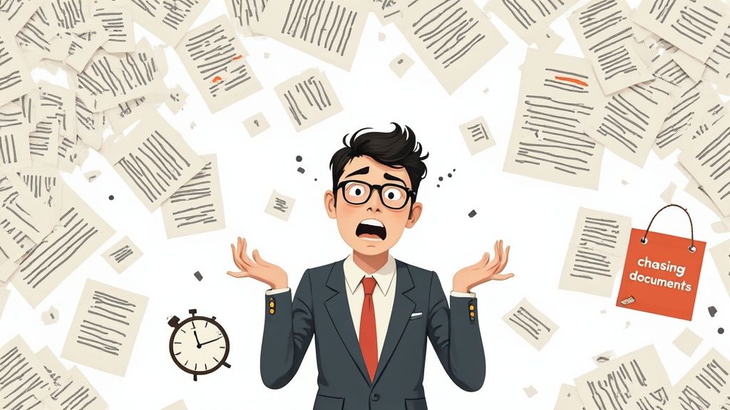 A stressed man in a suit is overwhelmed by falling papers, chasing documents and deadlines.