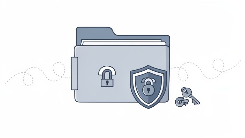 Secure file folder icon with multiple locks, a protective shield, and two keys.