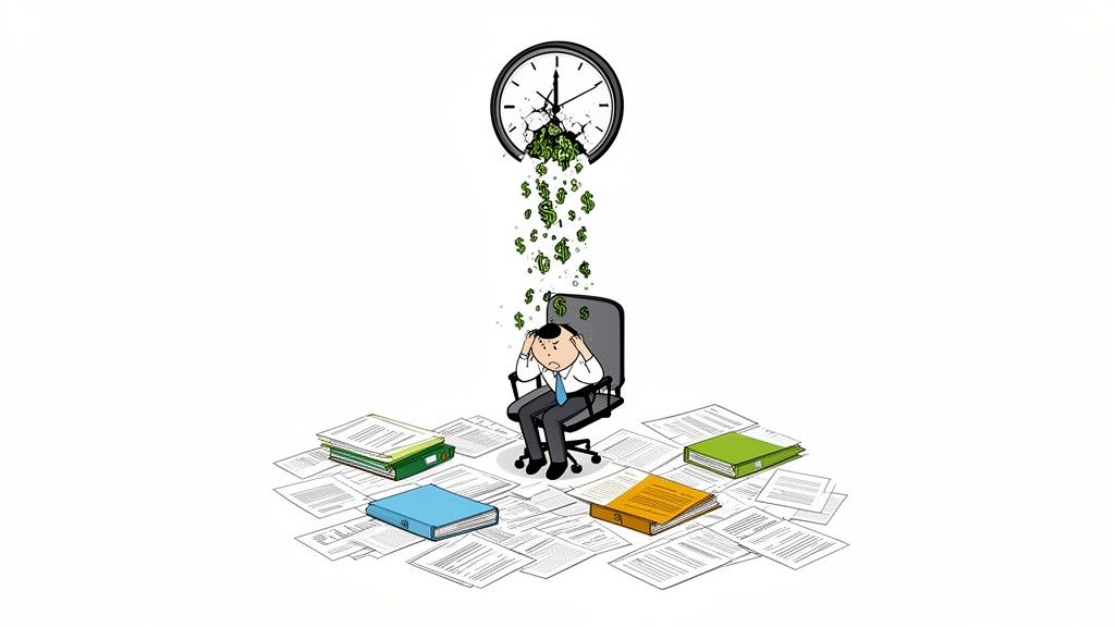 A stressed businessman sits in a chair amidst piles of documents, with dollar signs falling from a b