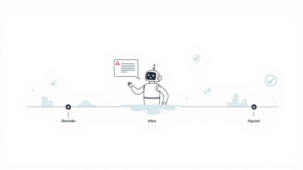 An illustration of a robot with a speech bubble, representing a process from Reminder to Inbox to Al