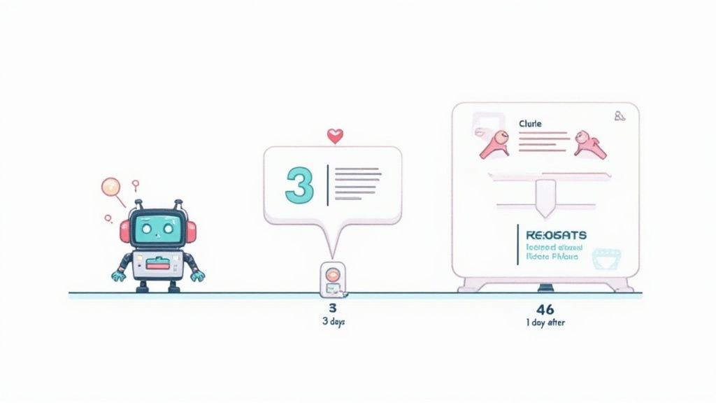 An animated diagram shows a robot, a notification with '3 days', and a processing unit ind
