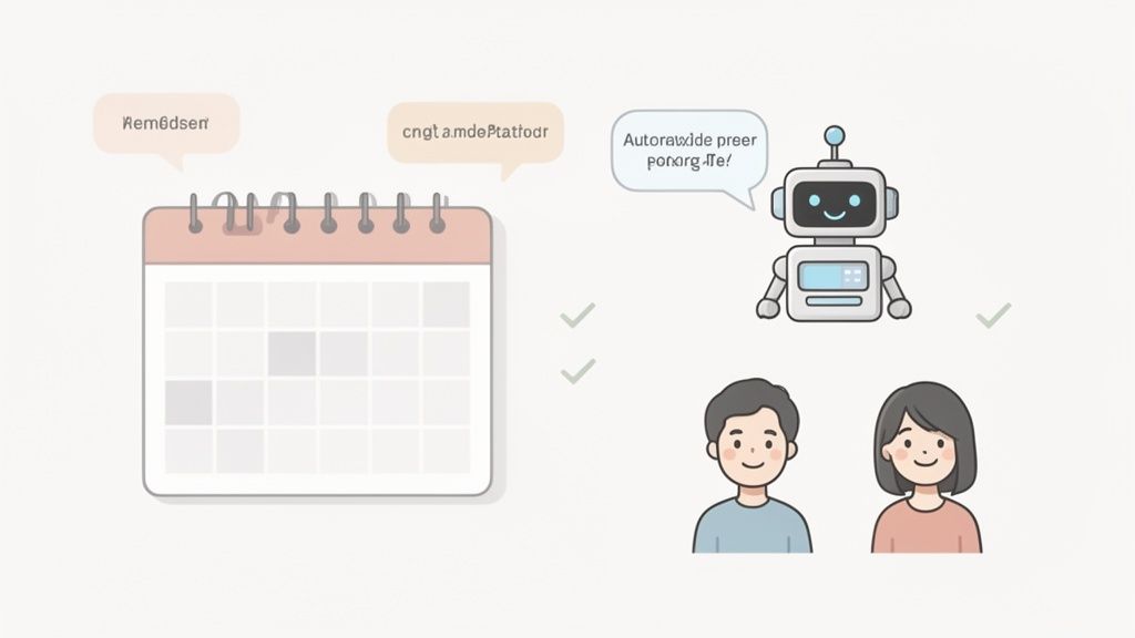Illustration of a calendar, a friendly robot, and two people with speech bubbles and checkmarks.