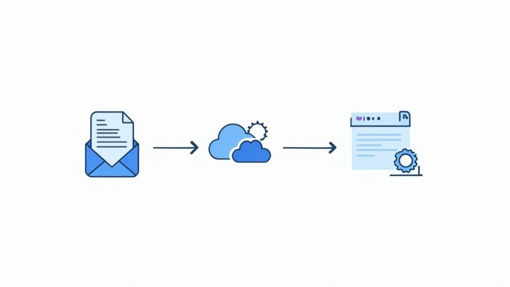 A diagram illustrating an email or document being processed through a cloud service to a web applica