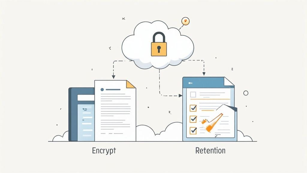Illustration showing secure cloud storage with encryption and data retention policies for documents.