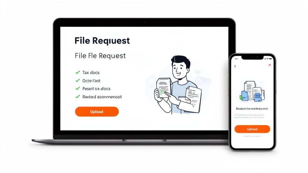 A laptop and smartphone display screens for requesting and uploading various files and documents.