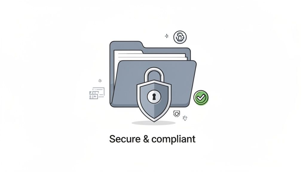 An illustration of a folder secured with a shield-shaped padlock and a green checkmark, symbolizing 
