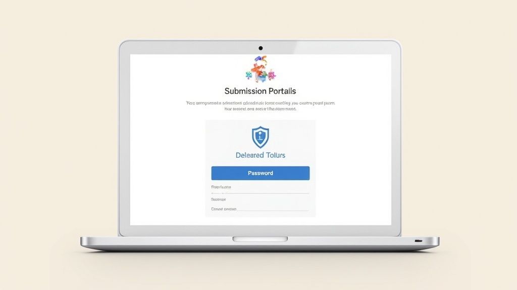 A laptop displaying a secure submission portal with a shield icon, password button, and input fields