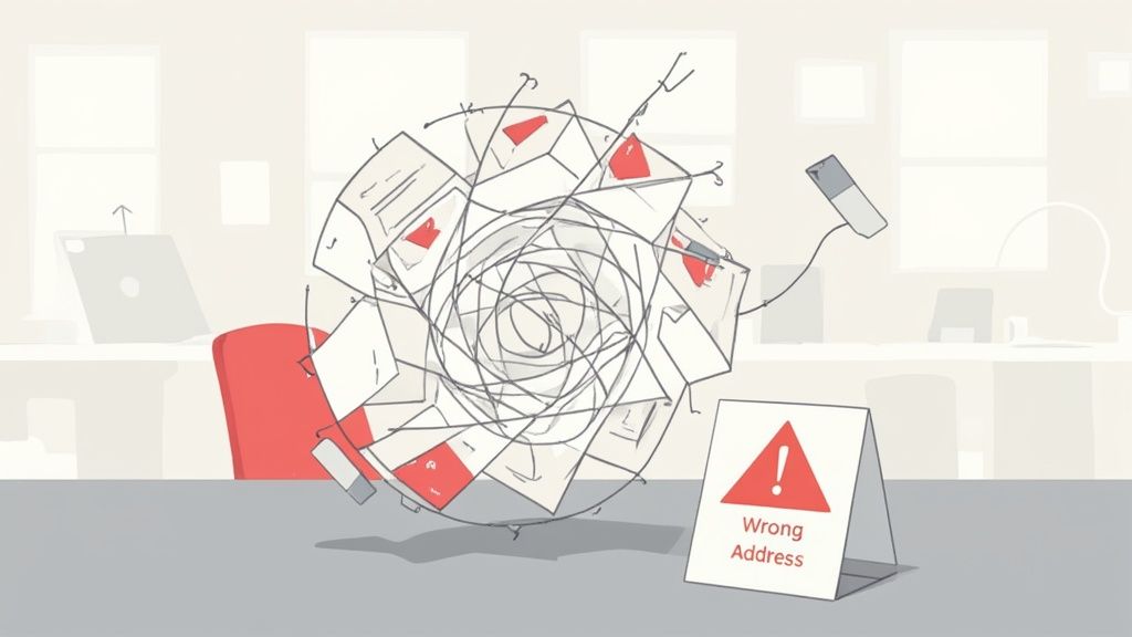 Illustration of disorganized mail and files, with a "Wrong Address" sign, signifying error