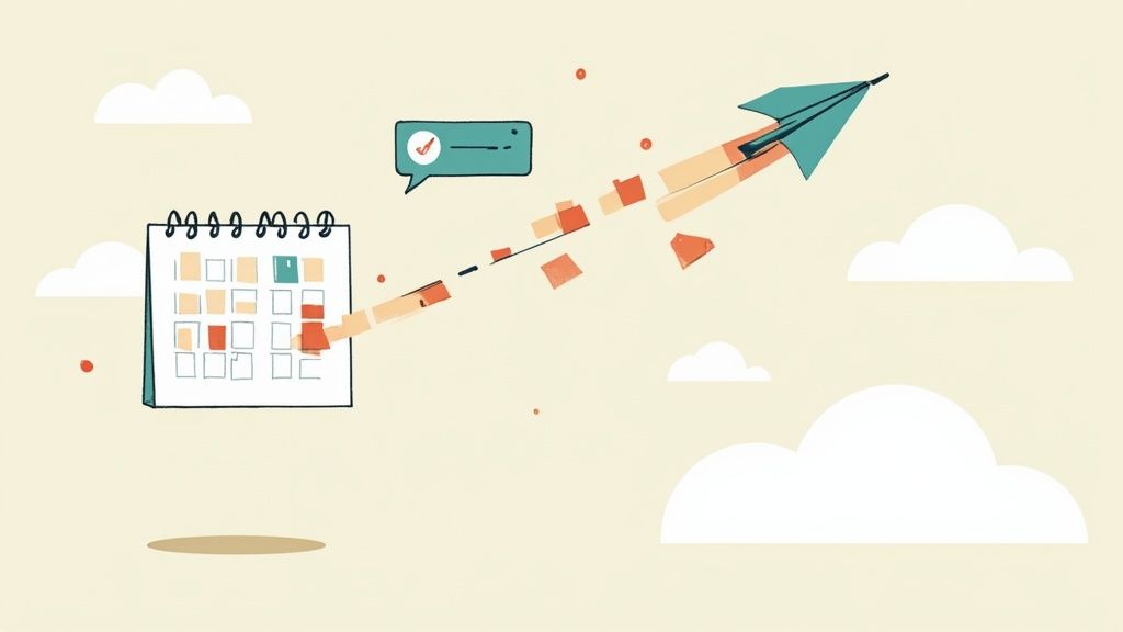 Illustration of a calendar with a paper airplane flying towards a checkmark, symbolizing progress an