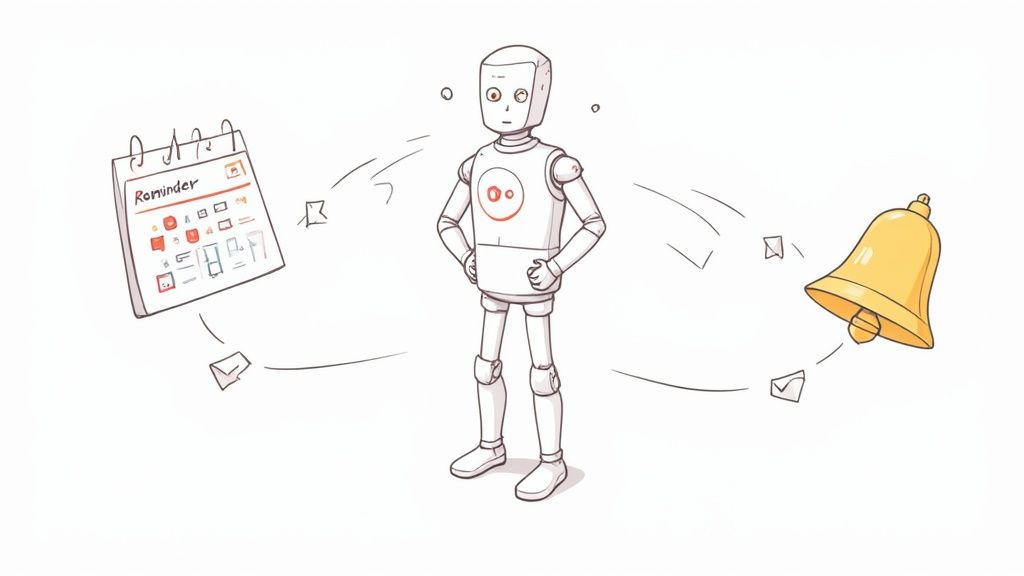 A robot manages reminders from a calendar, notifications from a bell, and incoming messages.