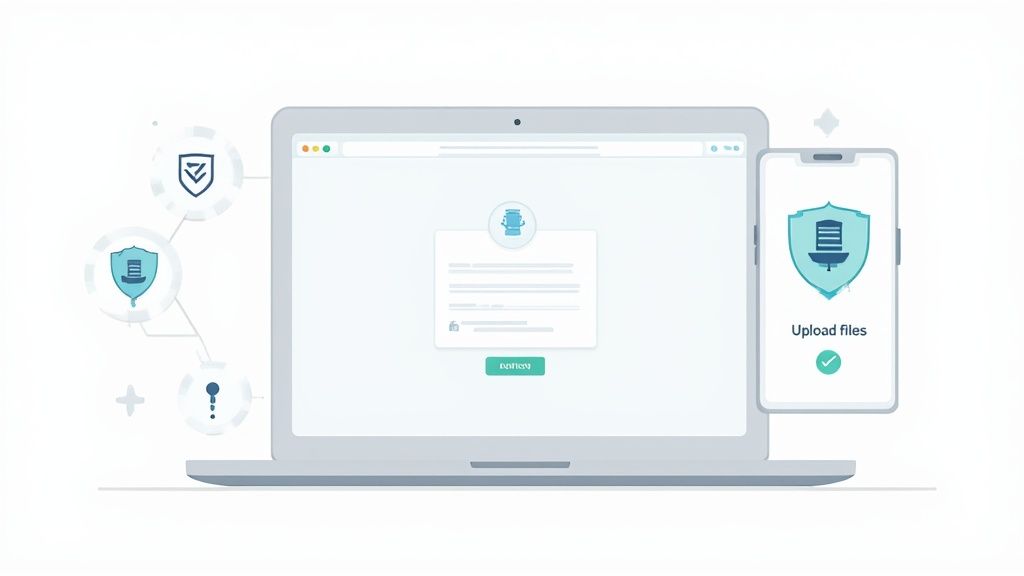 Illustration of a laptop and smartphone showing a secure file upload process with shield icons.