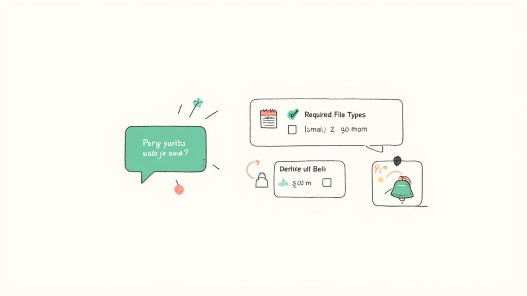 A whimsical digital interface displays file type requirements, task checklists, and a bell notificat