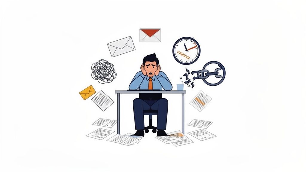 Illustration of a stressed businessman at his desk, overwhelmed by tasks, deadlines, and a broken ch