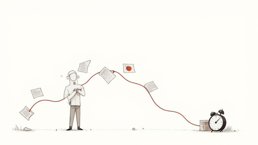 A person manages a task, with documents and a red string leading to an alarm clock.