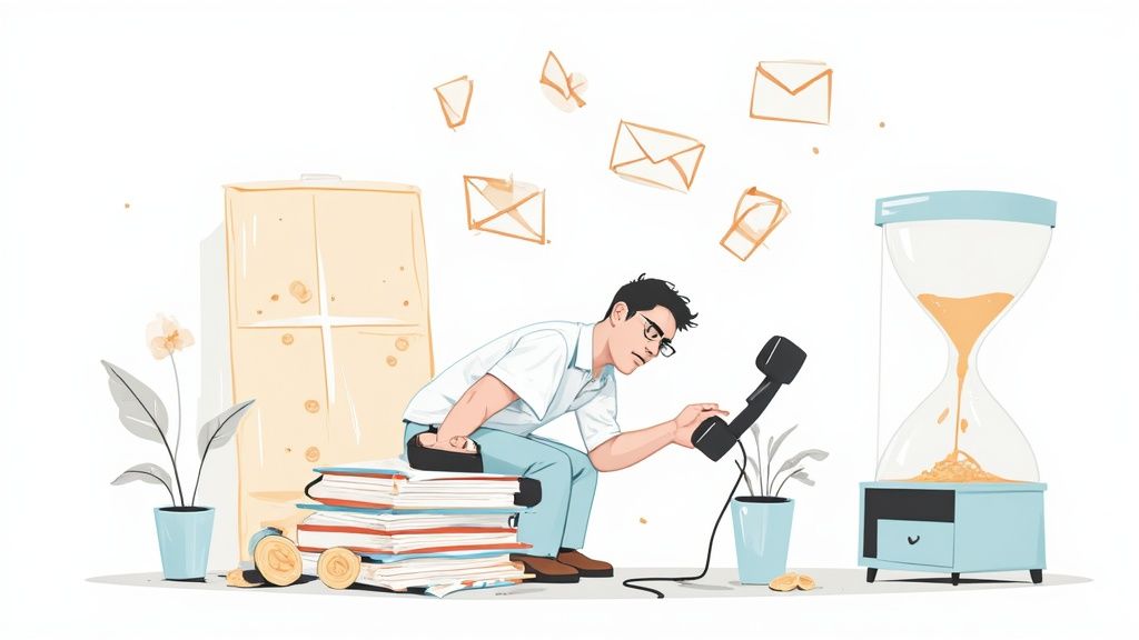 Illustration of a man overwhelmed by tasks, sitting on books, holding a phone, with emails and an ho