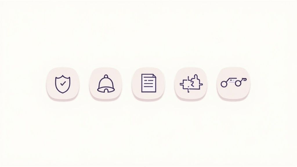 Five app icons on a light background: a shield with a checkmark, a bell, a document, a puzzle piece,