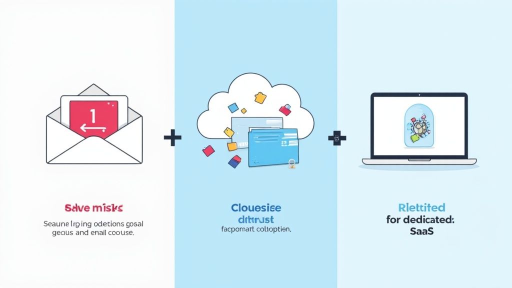 A visual equation depicting document exchange via an envelope, cloud storage, and a laptop running a