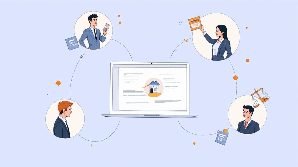 A digital platform connecting professionals for document collection, featuring a laptop and four ind