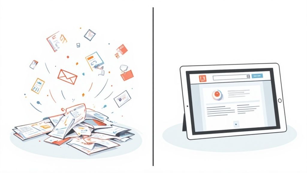 Illustration contrasting a messy pile of paper documents with an organized digital document manageme