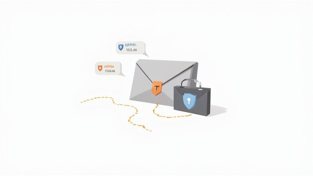 Illustration showing document security with an encrypted envelope, briefcase, and data compliance la
