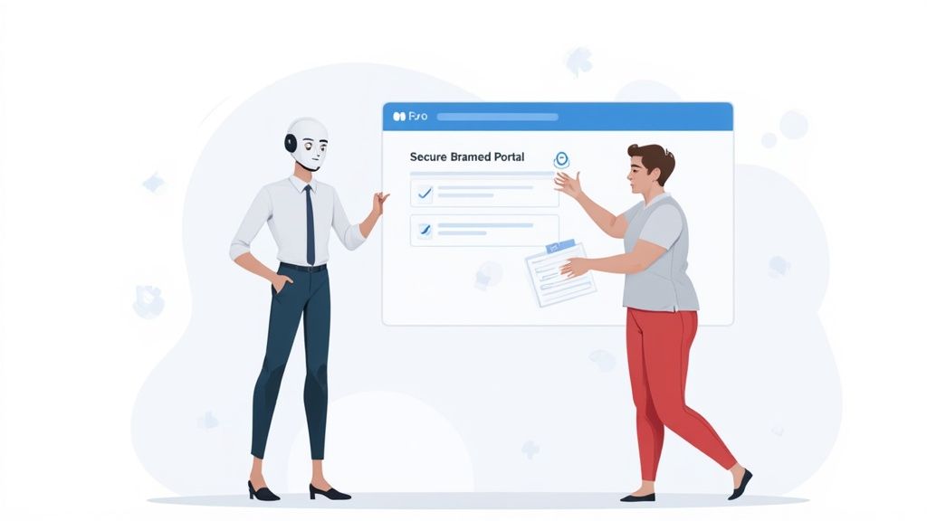 A robot and a man interact with a 'Secure Branded Portal' showing checklist items.