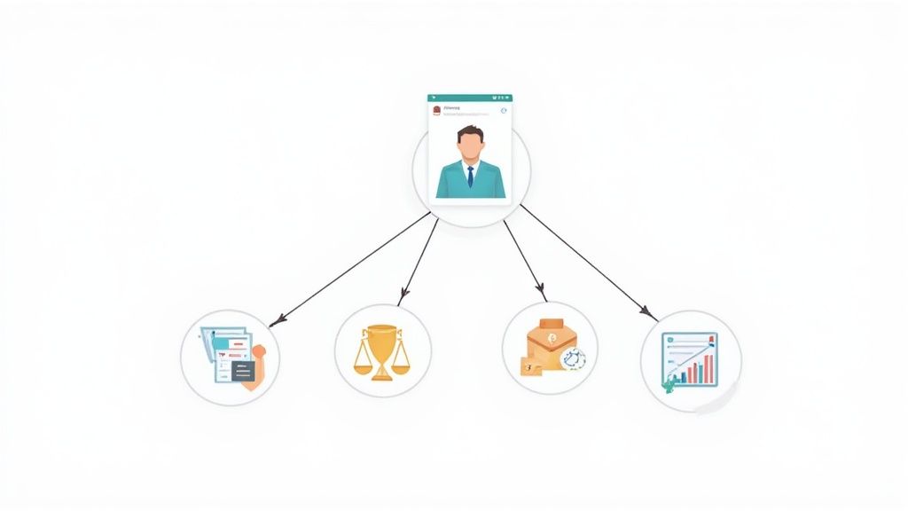 User profile linked to documents, legal aspects, communication, and data reports in a workflow diagr