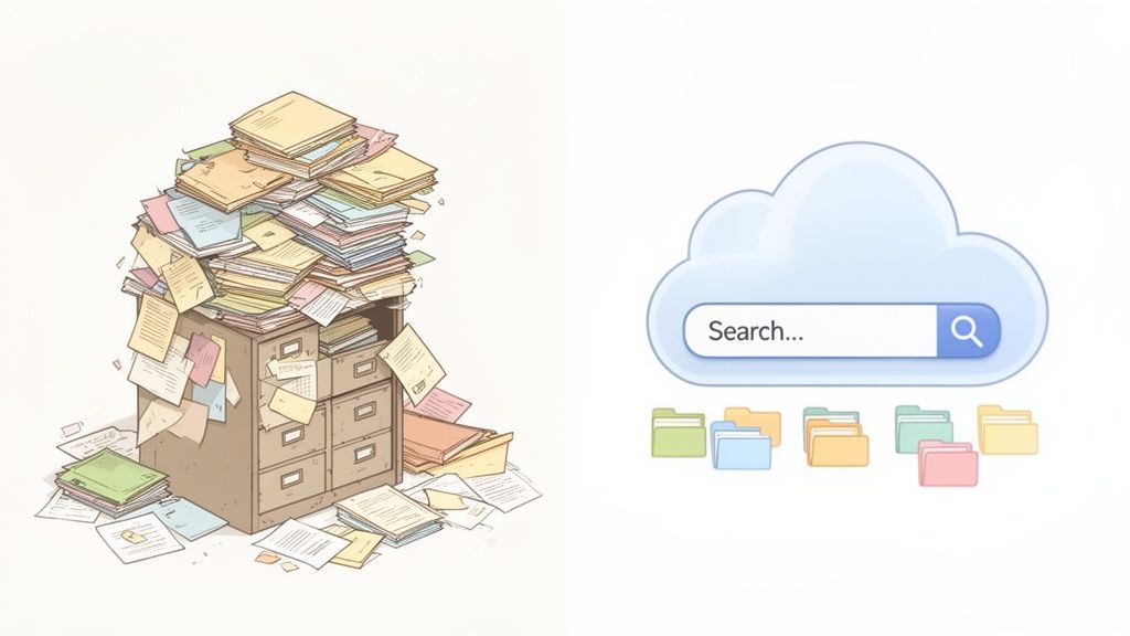 A messy filing cabinet overflowing with physical papers contrasts with a neat cloud search and digit