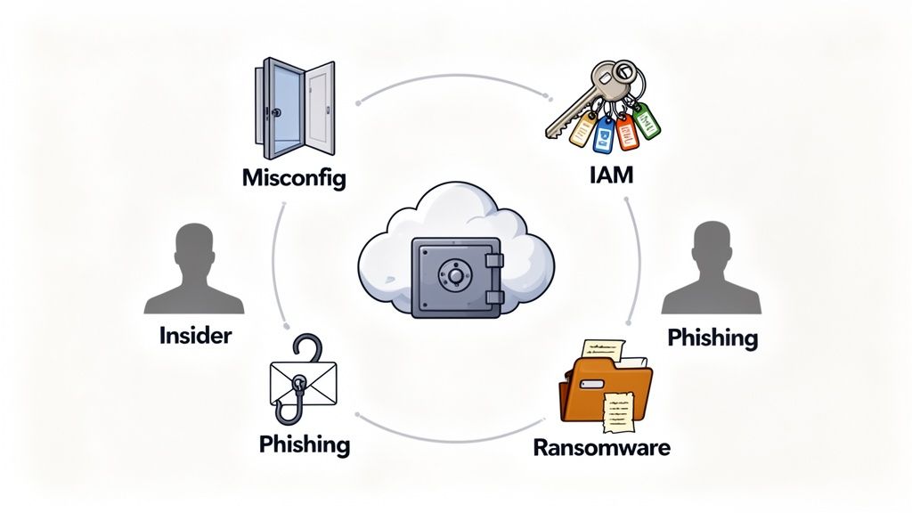 Illustration of cloud storage security risks, including misconfiguration, IAM, phishing, insiders, a