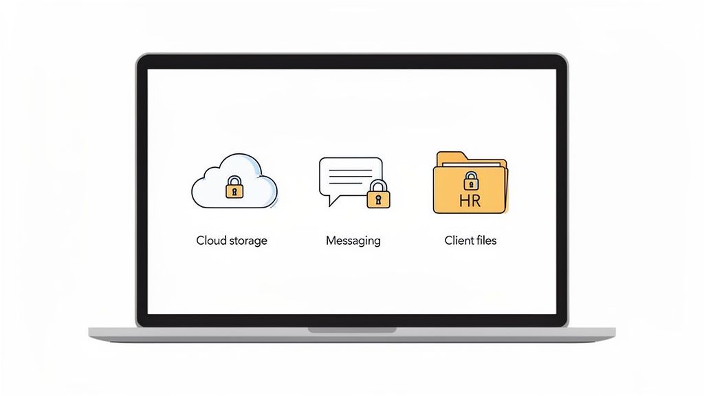 A laptop screen displays icons for locked cloud storage, secure messaging, and protected HR client f