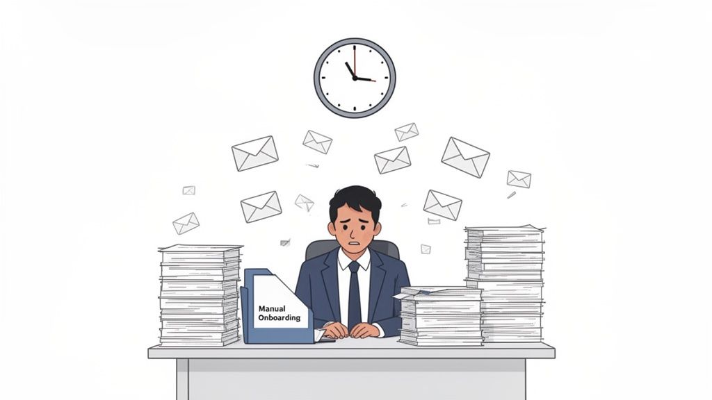 A stressed man at a desk overwhelmed by papers, emails, and a 'Manual Onboarding' folder, 