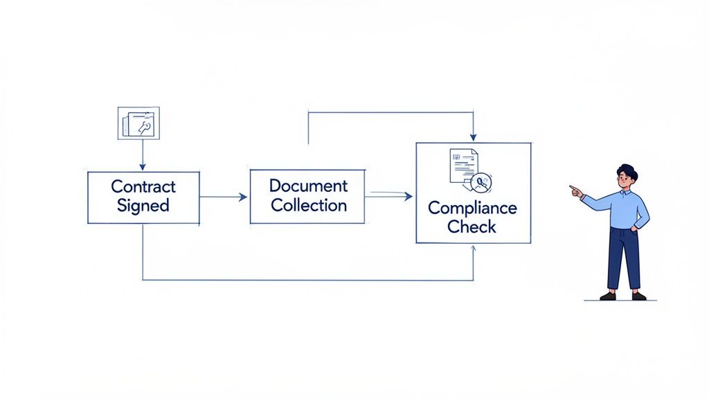Flowchart showing contract signed, document collection, and compliance check steps with a pointing f