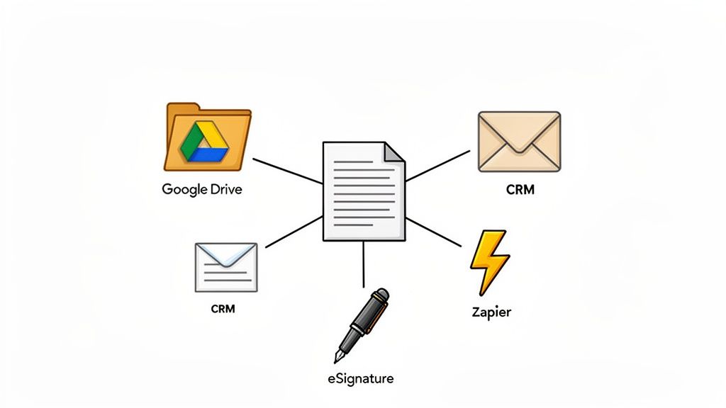 A central document linked to Google Drive, CRM, eSignature, and Zapier, illustrating an integrated w
