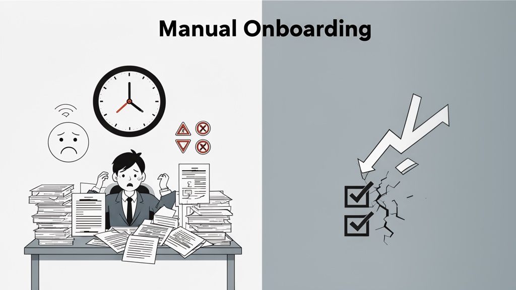 Illustration shows a stressed man buried in manual onboarding paperwork contrasted with a broken che