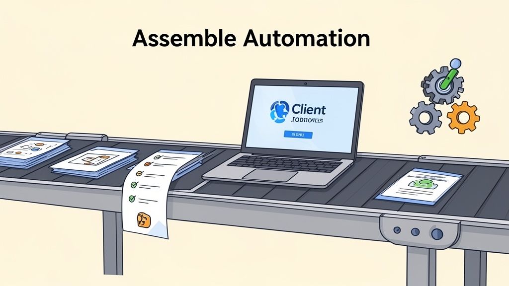 Illustration of a conveyor belt with documents, a laptop displaying 'Client' software, and