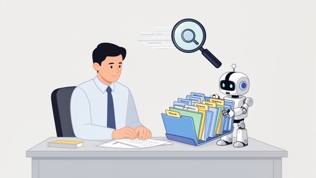 A man works at a desk while a robot assists with organizing files, symbolizing automated document ma