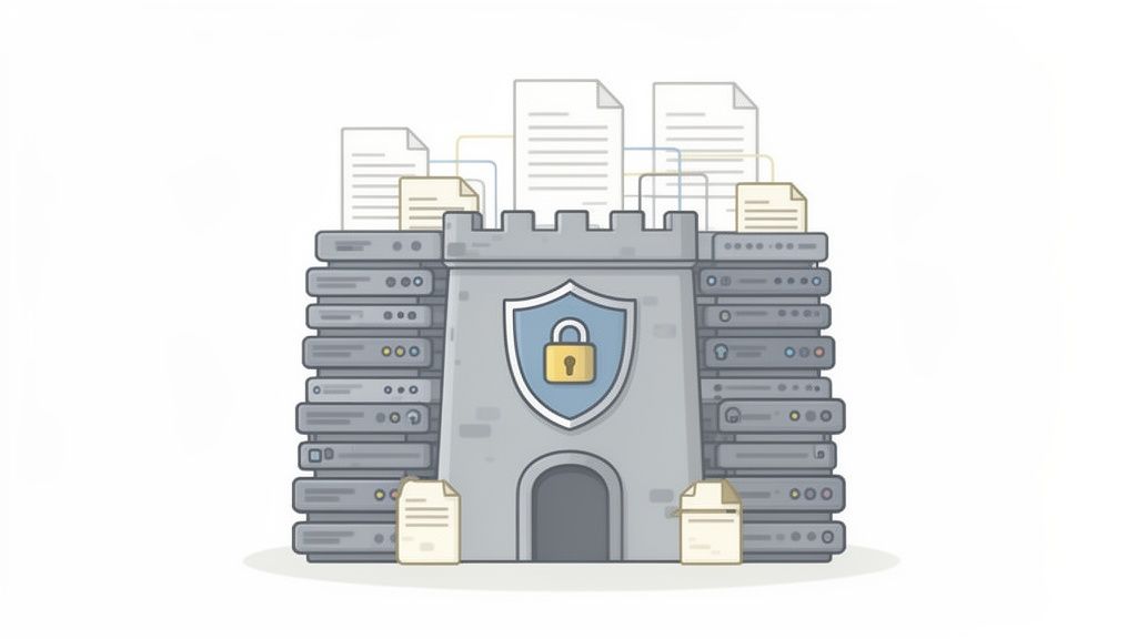 An illustration of a server castle with a shield and padlock, symbolizing secure document management