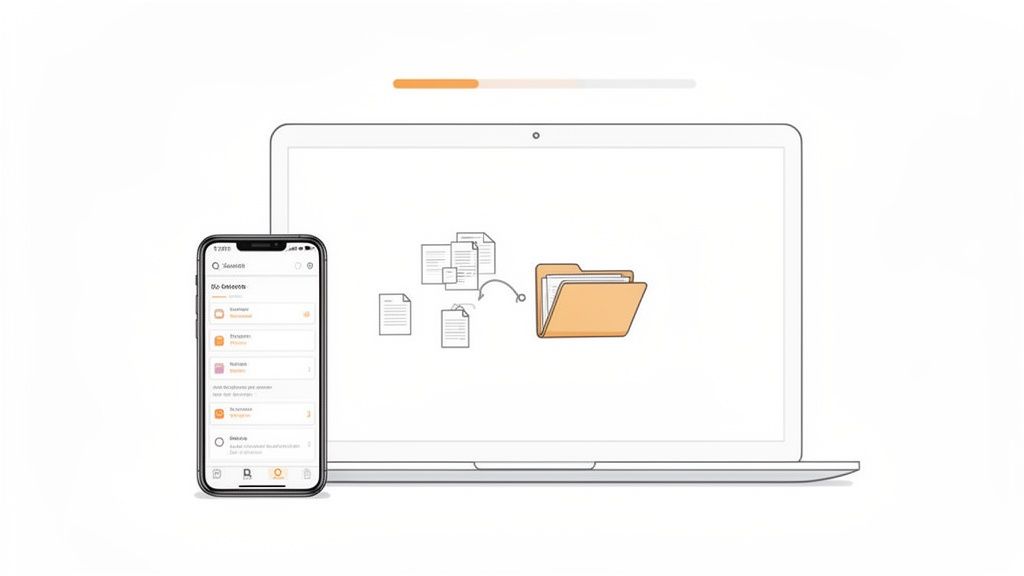 Digital files being organized into a folder on a laptop, with a smartphone displaying a file managem