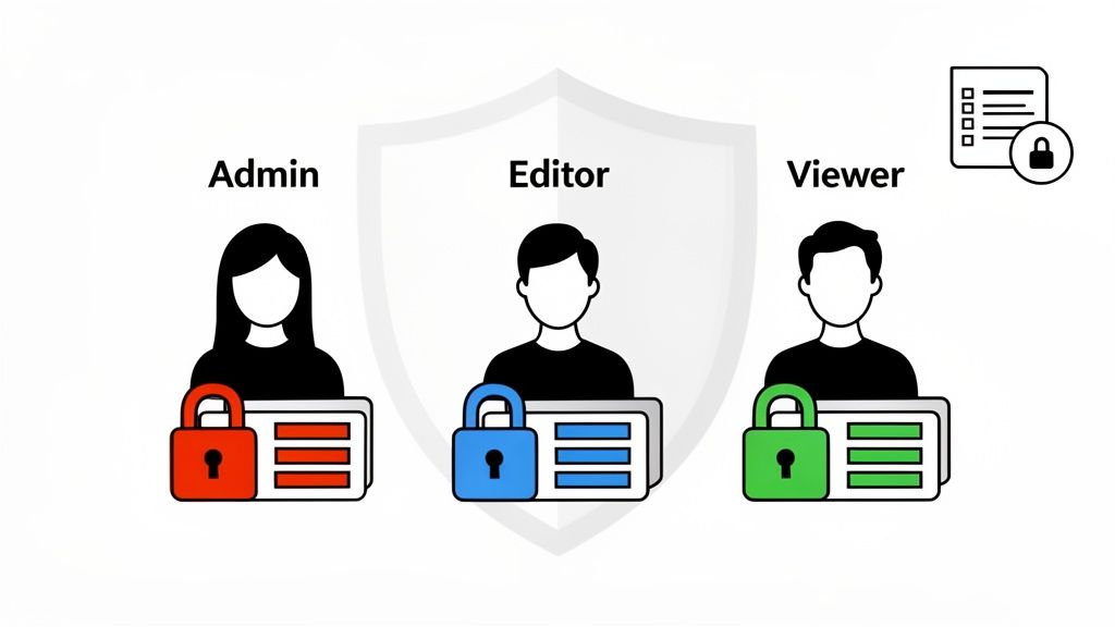 An infographic illustrating Admin, Editor, and Viewer user roles with varying levels of document acc
