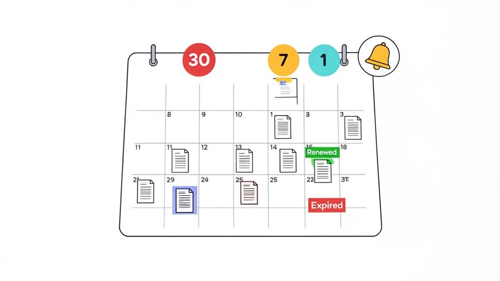 A calendar illustrating document management with deadlines, renewals, and expired items, indicating 